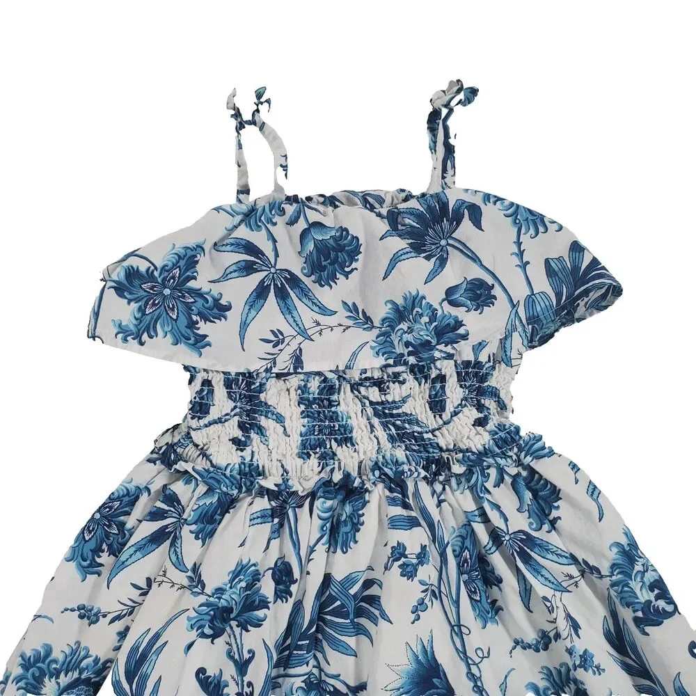 Janie and Jack Girls Dress Size 7 Blue Floral Midi Sundress Smocked Waist Cotton - Picture 5 of 11
